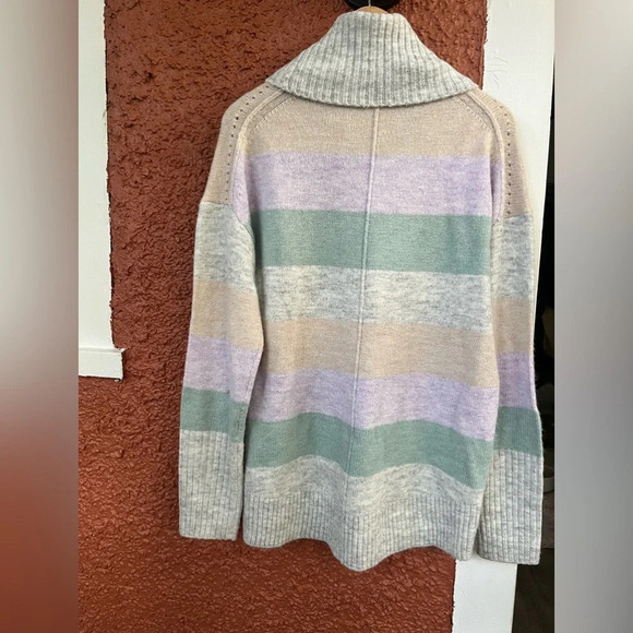 Gap Gray Purple Multi Stripe Knit Rib Neck Turtleneck Sweater Womens Medium - Picture 6 of 9